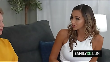 Busty stepmom Armani Black catch her stepson having rough sex with his new girlfriend so she joins